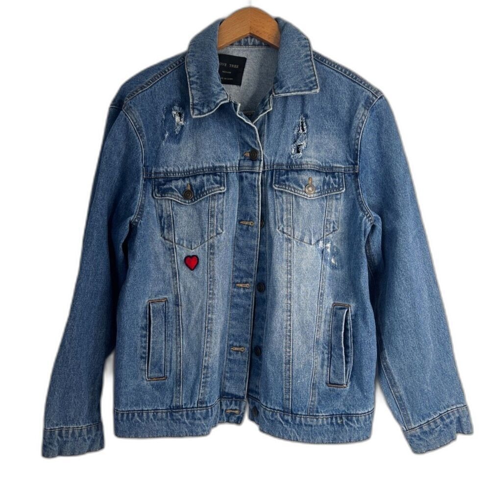 Love Tree Denim Jacket Destructed Heart Patch Blue Layer Utility Chore Size MD